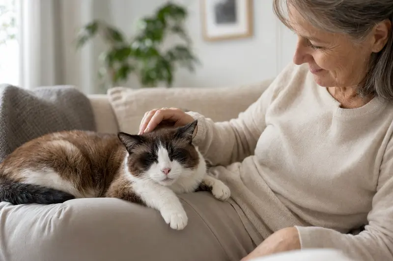 Eine ältere Snowshoe Katze liegt entspannt auf einem gemütlichen Sofa, während ihr Besitzer sie liebevoll streichelt und eine warme Lichtstimmung das ruhige Zuhause betont.