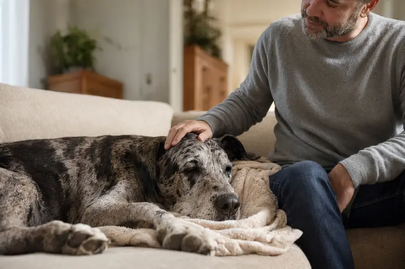 Ältere Spanische Dogge liegt entspannt auf einem Sofa, während ihr Besitzer sie liebevoll streichelt – eine ruhige Szene mit Hundebetreuung zu Hause.