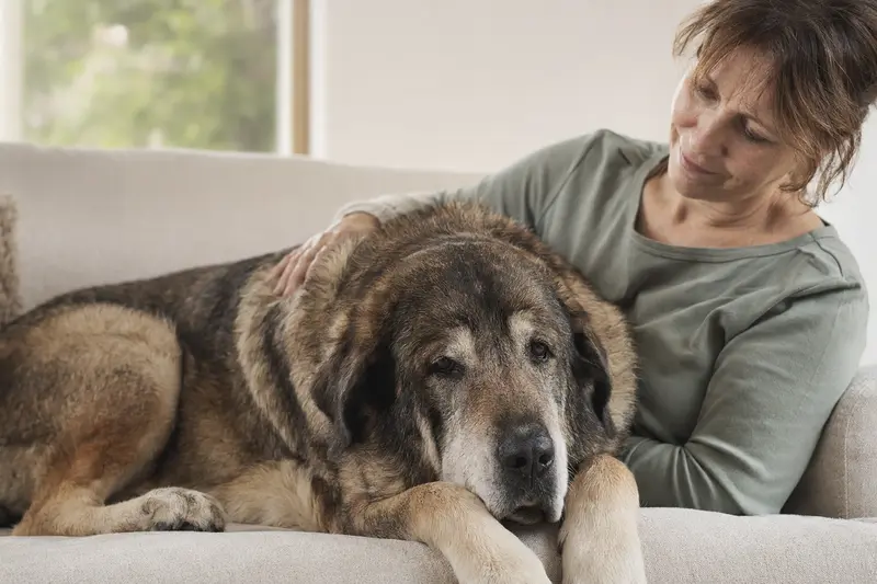 Ein älterer Spanischer Mastiff liegt entspannt auf einem Sofa, während sein Besitzer ihn liebevoll streichelt – ein Bild für Fürsorge und Sicherheit im Alltag.