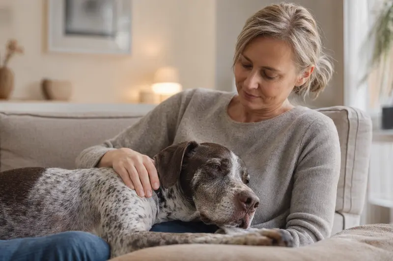Ein älterer Spanischer Pointer liegt entspannt auf einem gemütlichen Sofa, während sein Besitzer ihn liebevoll streichelt.