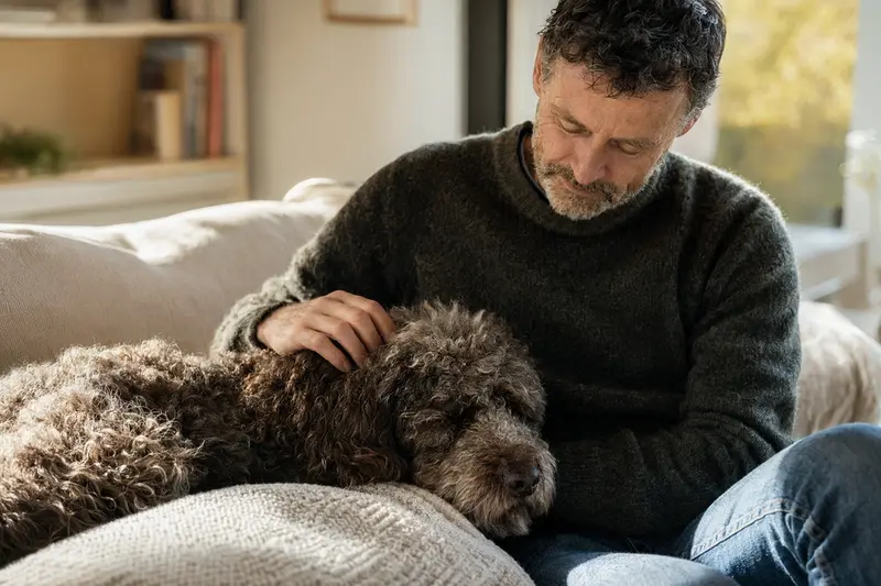 Ein älterer Spanischer Wasserhund entspannt auf einem Sofa, während sein Besitzer ihn liebevoll streichelt.