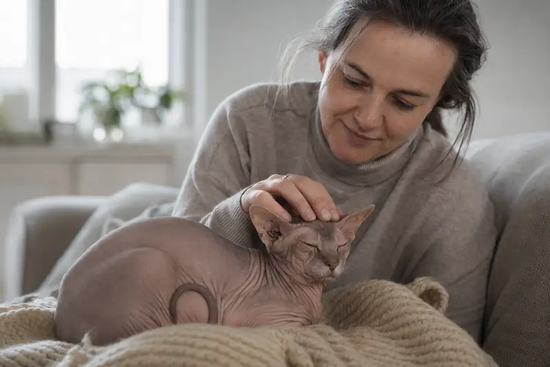 Eine ältere Sphynx Katze liegt entspannt auf einem Sofa, während ihr Besitzer sie liebevoll streichelt und eine warme Lichtstimmung schafft.