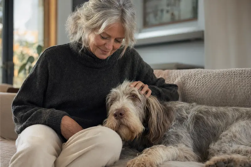 Ein älterer Spinone Italiano Hund liegt entspannt auf einem Sofa, während sein Besitzer ihn liebevoll streichelt.