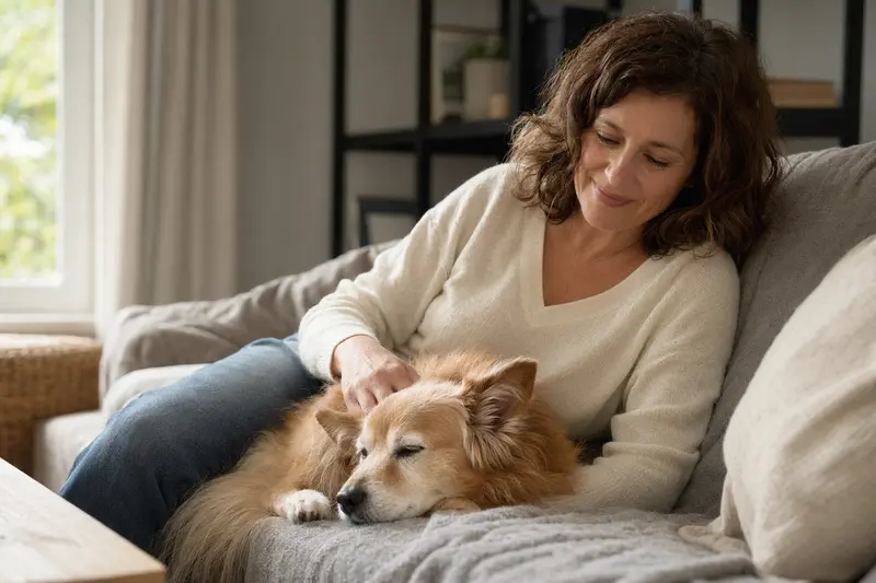 Ein älterer Spitz Hund liegt entspannt auf einem gemütlichen Sofa, während sein Besitzer ihn liebevoll streichelt.