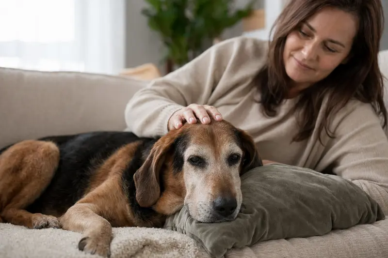 Älterer Srpski Gonic liegt entspannt auf einem Sofa, während sein Besitzer ihn liebevoll streichelt – ein Bild von Fürsorge, Sicherheit und Hundegesundheit.