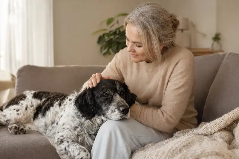 Ein älterer Stabyhoun Hund liegt entspannt auf einem Sofa, während sein Besitzer ihn liebevoll streichelt.