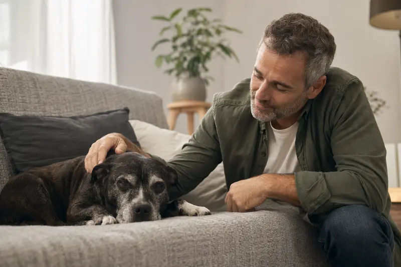 Ein älterer Staffordshire Bull Terrier liegt entspannt auf einem Sofa, während sein Besitzer ihn liebevoll streichelt.