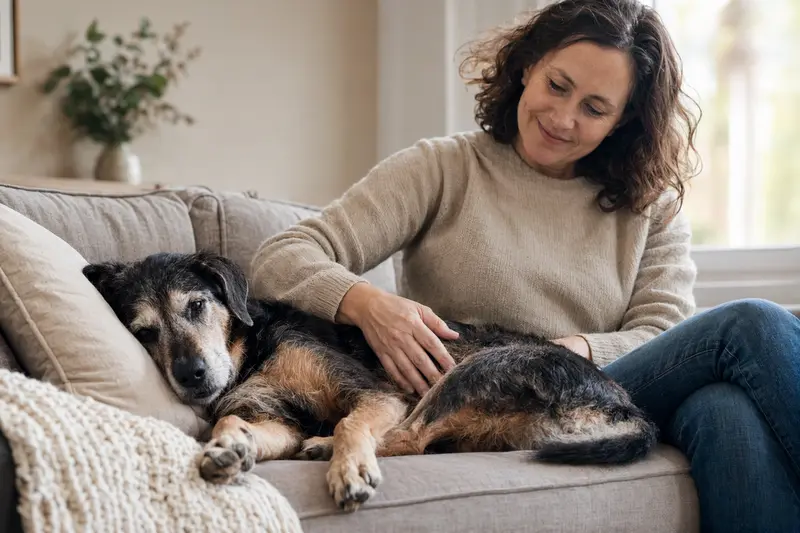 Älterer Steinbracke Hund liegt entspannt auf dem Sofa, während sein Besitzer ihn liebevoll streichelt.