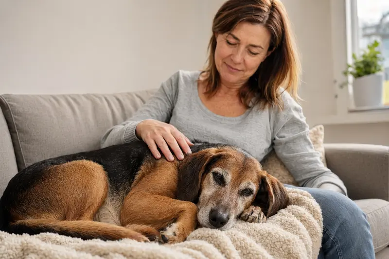 Ein älterer Steirische-Bracke-Hund liegt entspannt auf einem Sofa, während sein Besitzer ihn liebevoll streichelt.