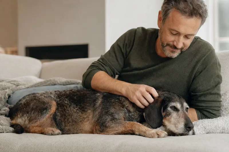 Ein älterer Steirische Rauhhaarbracke Hund liegt entspannt auf dem Sofa, während sein Besitzer ihn liebevoll streichelt.