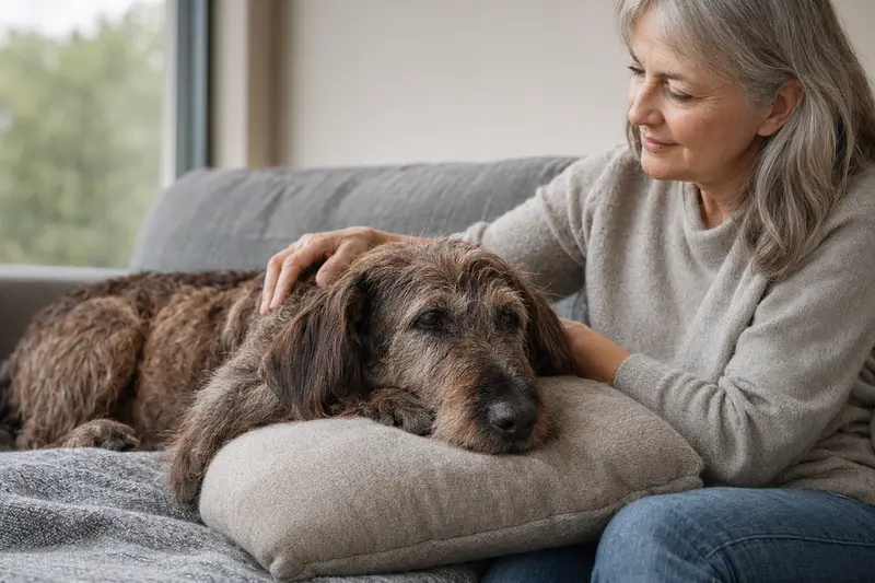 Ein älterer stichelhaariger Bosnischer Laufhund liegt entspannt auf einem Sofa, während sein Besitzer ihn liebevoll streichelt.