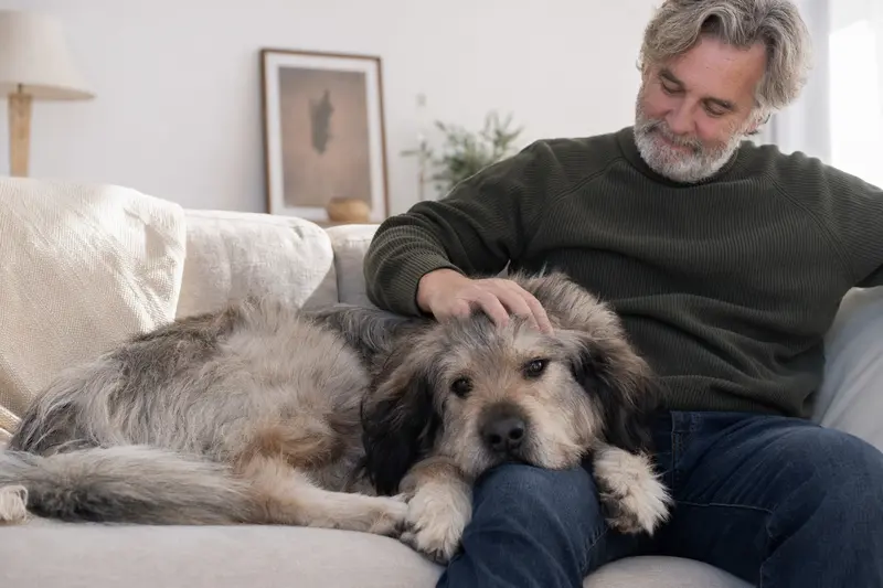 Ein älterer Süd-russische Owtscharka Hund entspannt auf einem Sofa, während sein Besitzer ihn liebevoll streichelt.