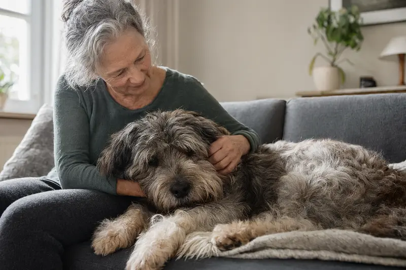 Ein älterer Südrussische Owtscharka Hund liegt entspannt auf einem Sofa, während sein Besitzer ihn liebevoll streichelt.