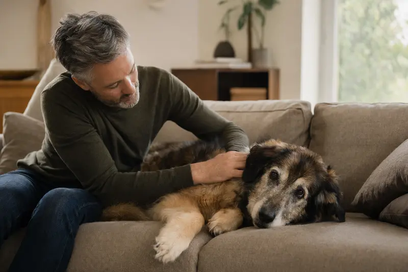 Ein älterer Südrussischer Schäferhund liegt entspannt auf einem Sofa, während sein Besitzer ihn liebevoll streichelt.