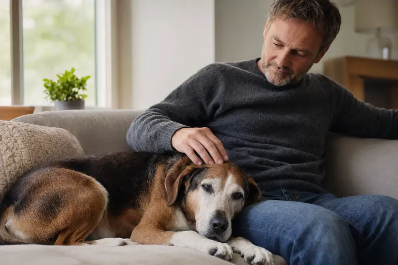 Ein älterer Suomenajokoira liegt entspannt auf einem gemütlichen Sofa, während sein Besitzer ihn liebevoll streichelt.