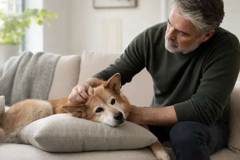 Ein älterer Suomenpystykorva liegt entspannt auf dem Sofa, während sein Besitzer ihn liebevoll streichelt.