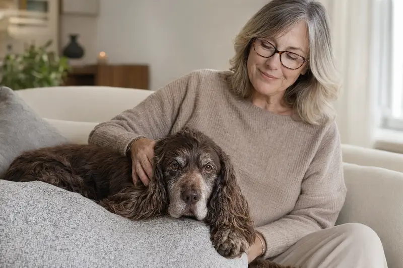 Ein älterer Sussex Spaniel liegt entspannt auf einem Sofa, während sein Besitzer ihn liebevoll streichelt.