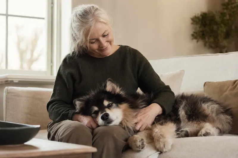 Älterer Svensk Lapphund liegt entspannt auf einem Sofa, während sein Besitzer ihn liebevoll streichelt.