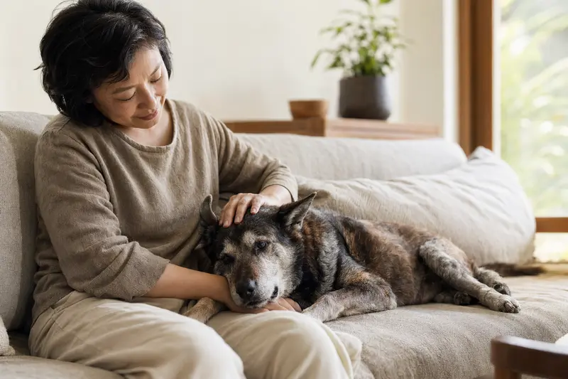 Ein älterer Taiwanhund liegt entspannt auf einem gemütlichen Sofa, während sein Besitzer ihn liebevoll streichelt.