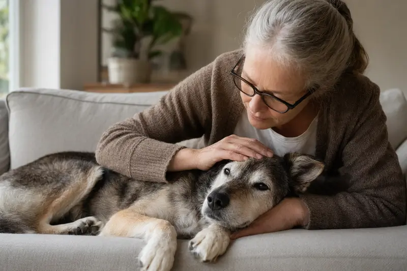 Ein älterer Tamaskan Hund liegt entspannt auf einem gemütlichen Sofa und wird liebevoll vom Besitzer gestreichelt.