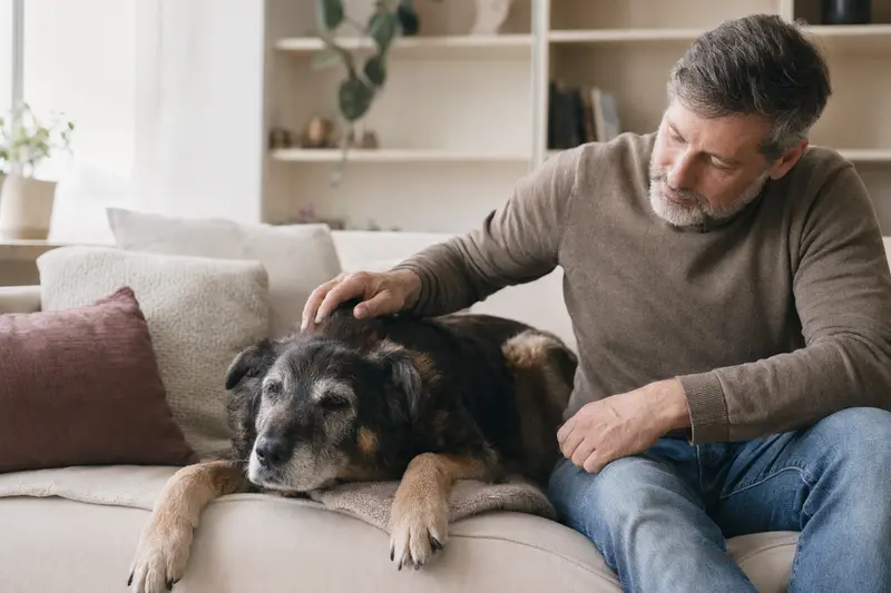 Ein älterer Tatrahund liegt entspannt auf einem gemütlichen Sofa, während sein Besitzer ihn liebevoll streichelt.