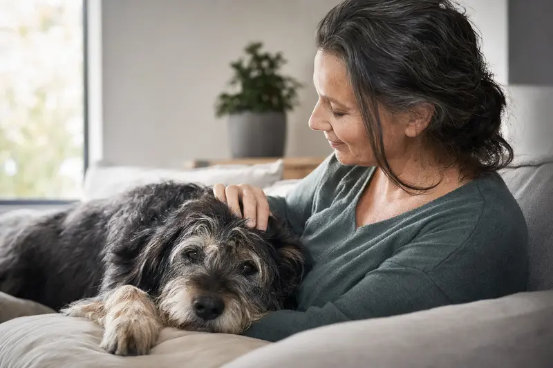 Ein älterer Tazy Hund liegt entspannt auf einem gemütlichen Sofa, während sein Besitzer ihn liebevoll streichelt.