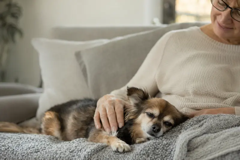 Älterer Techichi Hund entspannt auf einem Sofa, während sein Besitzer ihn liebevoll streichelt – ein Bild von Fürsorge und Sicherheit im Zuhause.