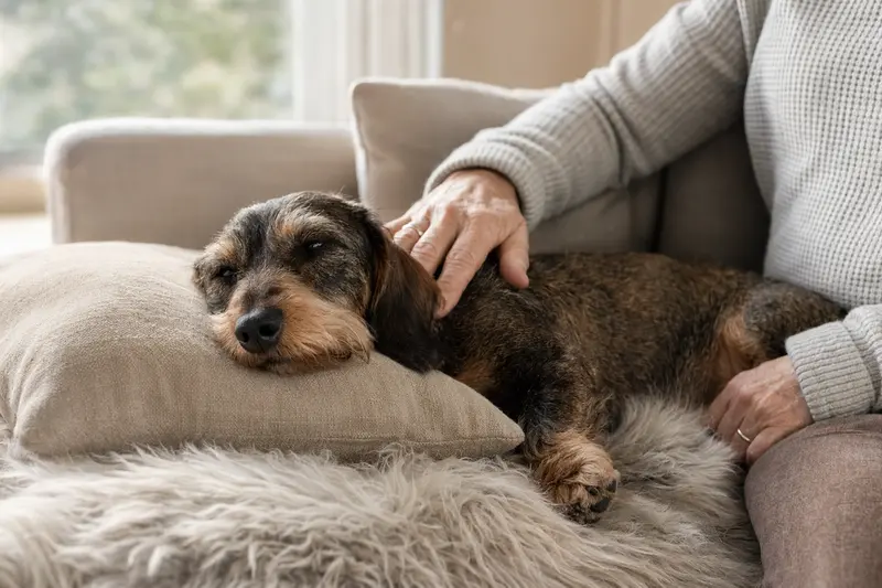 Ein älterer Teckel liegt entspannt auf einem Sofa, während sein Besitzer ihn liebevoll streichelt.