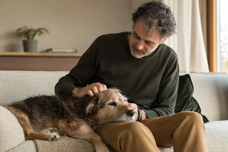 Ein älterer Teneriffa Hund liegt entspannt auf einem Sofa, während sein Besitzer ihn liebevoll streichelt.