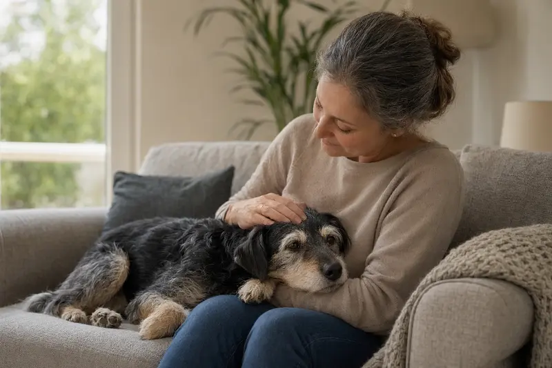 Ein älterer Terrier Brasileiro liegt entspannt auf einem Sofa, während sein Besitzer ihn liebevoll streichelt.