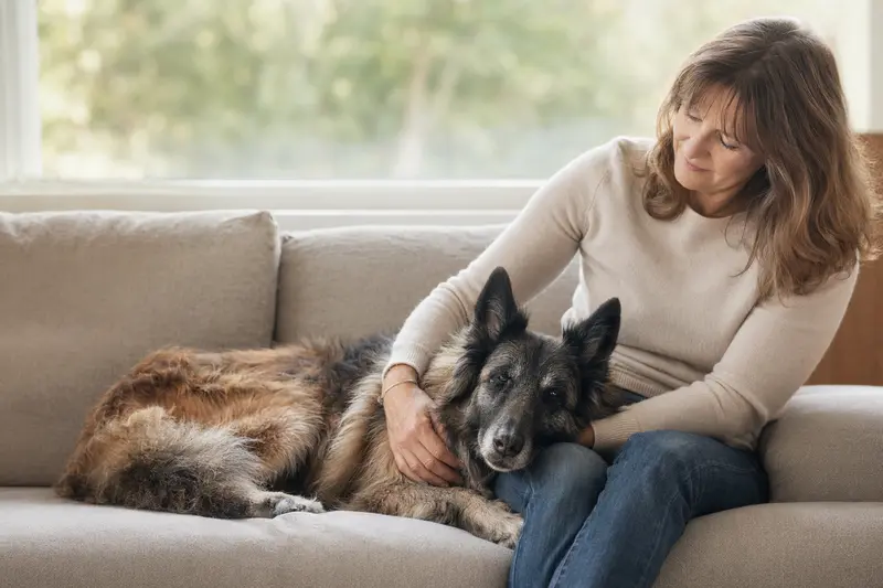 Ein älterer Tervueren Hund liegt entspannt auf einem Sofa, während sein Besitzer ihn liebevoll streichelt.