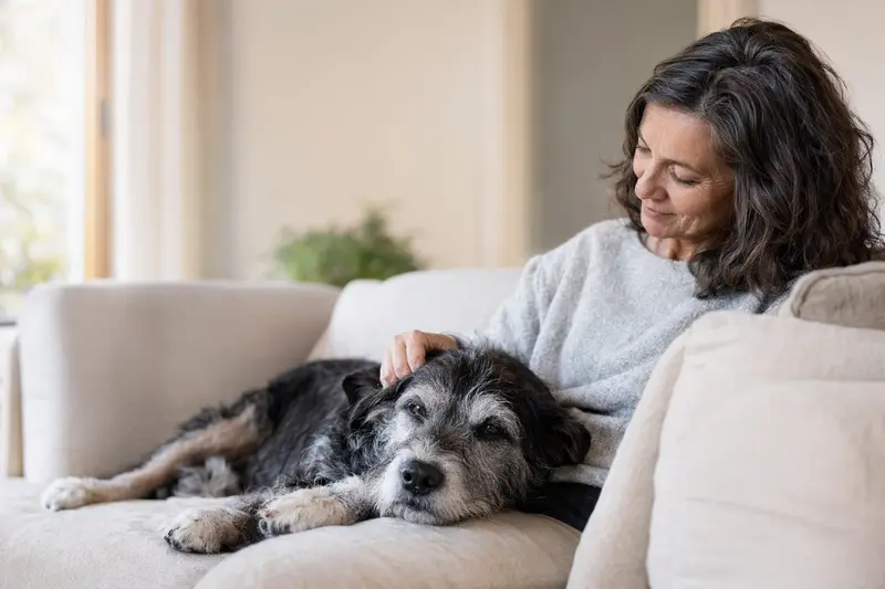 Älterer Tesem Hund liegt entspannt auf dem Sofa, während sein Besitzer ihn liebevoll streichelt.