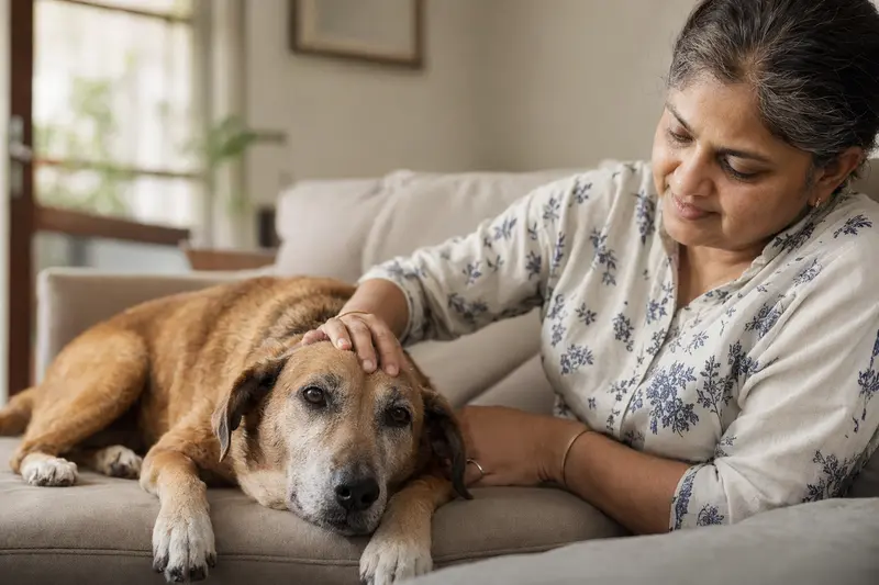 Älterer Thanjavurhund liegt entspannt auf dem Sofa, während sein Besitzer ihn liebevoll streichelt.