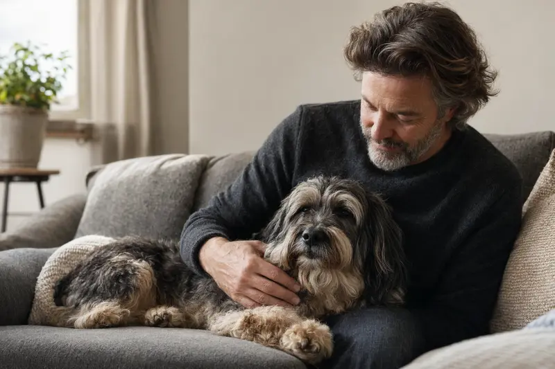 Ein älterer Tibet Apso liegt entspannt auf einem gemütlichen Sofa, während sein Besitzer ihn liebevoll streichelt.