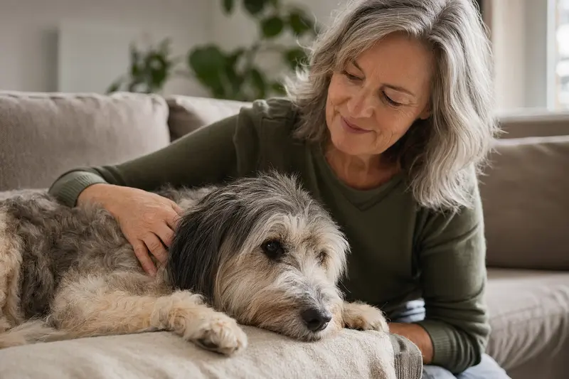 Ein älterer Tibet-Terrier liegt entspannt auf einem Sofa, während sein Besitzer ihn liebevoll streichelt.