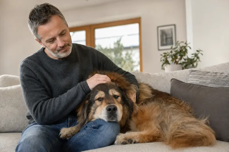 Ein älterer Tibetdogge-Hund liegt entspannt auf einem Sofa, während sein Besitzer ihn liebevoll streichelt.