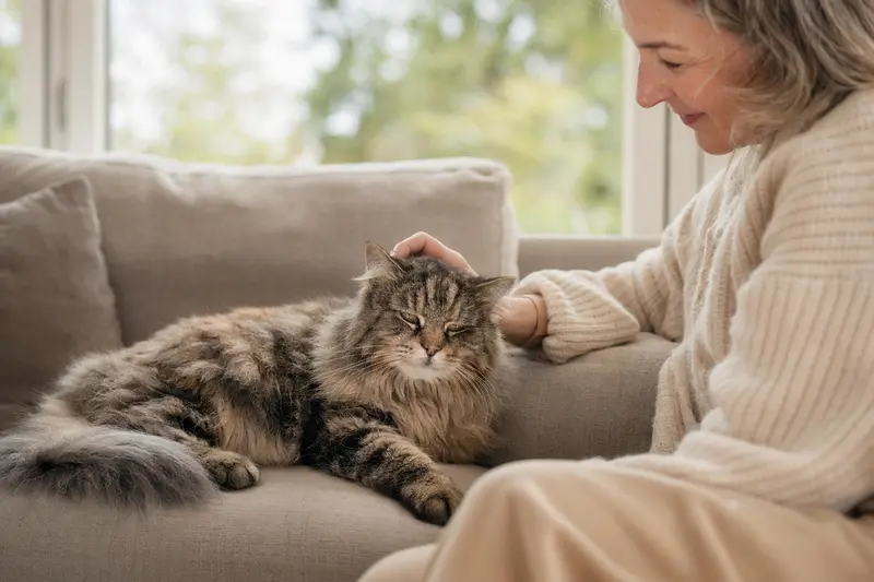Eine ältere Tibeter Katze liegt entspannt auf einem Sofa, während ihr Besitzer sie liebevoll streichelt und eine warme Lichtstimmung den Raum füllt.