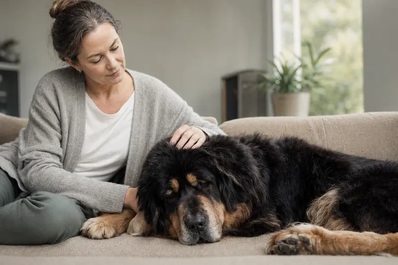 Ein älterer Tibetischer Mastiff liegt entspannt auf einem Sofa, während sein Besitzer ihn liebevoll streichelt.