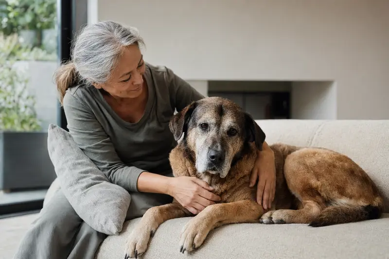 Ein älterer Tosa Hund liegt entspannt auf einem gemütlichen Sofa, während sein Besitzer ihn liebevoll streichelt.
