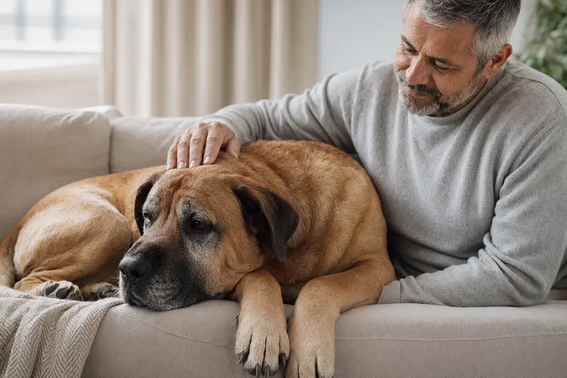Ein älterer Tosa Inu Hund entspannt auf einem Sofa, während sein Besitzer ihn liebevoll streichelt.