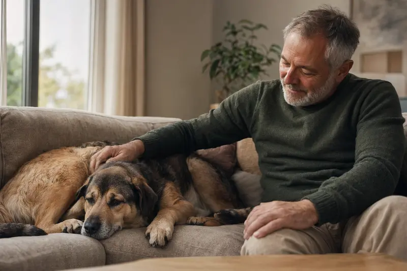 Ein älterer Tosa Token Hund liegt entspannt auf einem Sofa, während sein Besitzer ihn liebevoll streichelt und so Geborgenheit vermittelt.