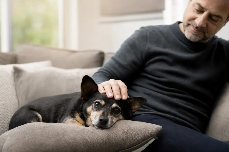Ein älterer Toy Fox Terrier liegt entspannt auf dem Sofa, während sein Besitzer ihn liebevoll streichelt.