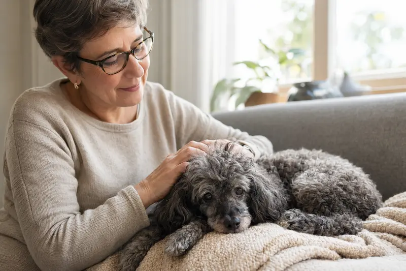Ein älterer Toy-Pudel liegt entspannt auf einem Sofa, während sein Besitzer ihn liebevoll streichelt – ein Bild für Geborgenheit und Hundegesundheit.