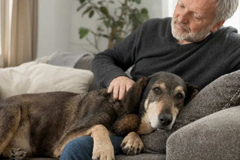 Ein älterer Transsylvanischer Laufhund liegt entspannt auf dem Sofa, während sein Besitzer ihn liebevoll streichelt.