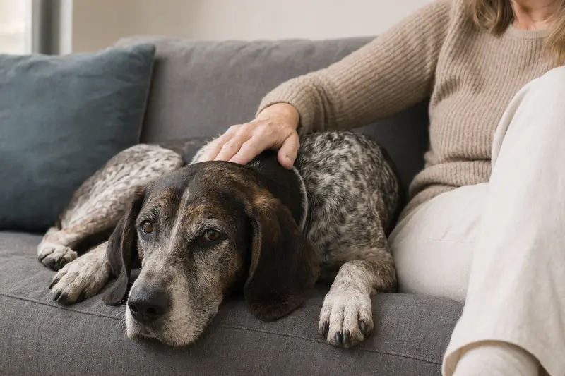 Ein älterer Treeing Tennessee Brindle Coonhound liegt entspannt auf einem Sofa, während sein Besitzer ihn liebevoll streichelt.