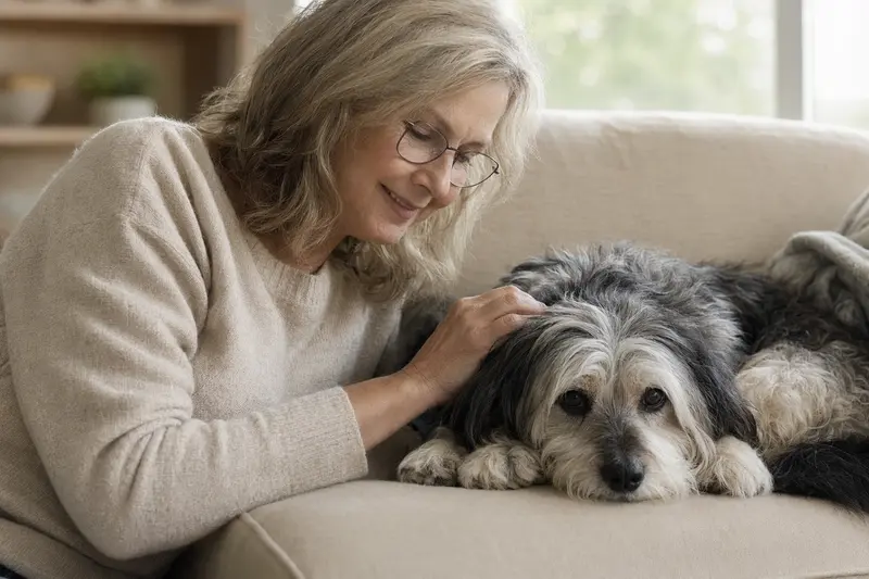 Älterer Shih Tzu liegt entspannt auf einem Sofa, während sein Besitzer ihn liebevoll streichelt – ein Bild für Geborgenheit und Hundegesundheit.