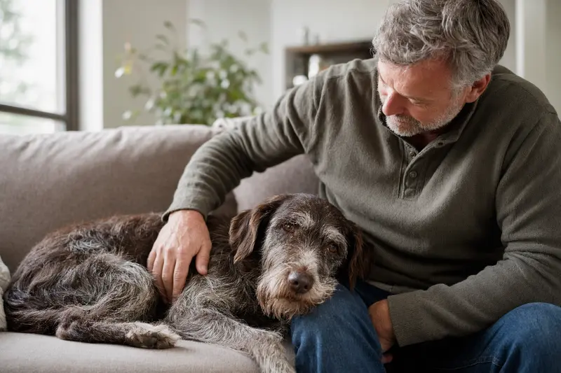 Ein älterer Tschechischer Stichelhaar Hund liegt entspannt auf einem Sofa, während sein Besitzer ihn liebevoll streichelt.