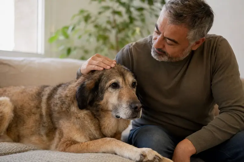 Ein älterer Türkenhund liegt entspannt auf einem gemütlichen Sofa, während sein Besitzer ihn liebevoll streichelt.