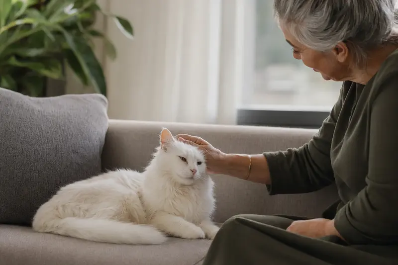 Eine ältere Türkisch Angora Katze liegt entspannt auf einem gemütlichen Sofa, während ihr Besitzer sie liebevoll streichelt.