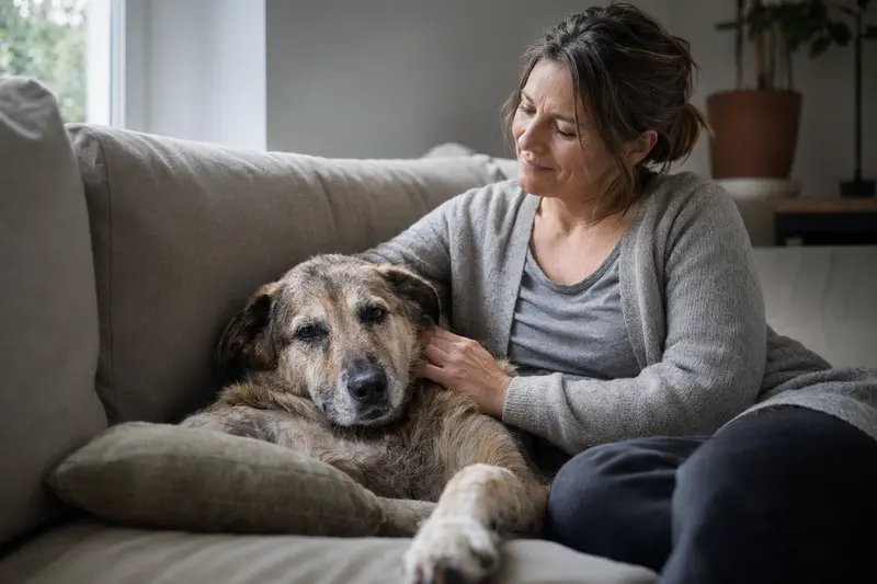 Älterer Türkischer Hirtenhund liegt entspannt auf einem Sofa, während sein Besitzer ihn liebevoll streichelt – ein Bild für Geborgenheit und Pflege beim Hund.